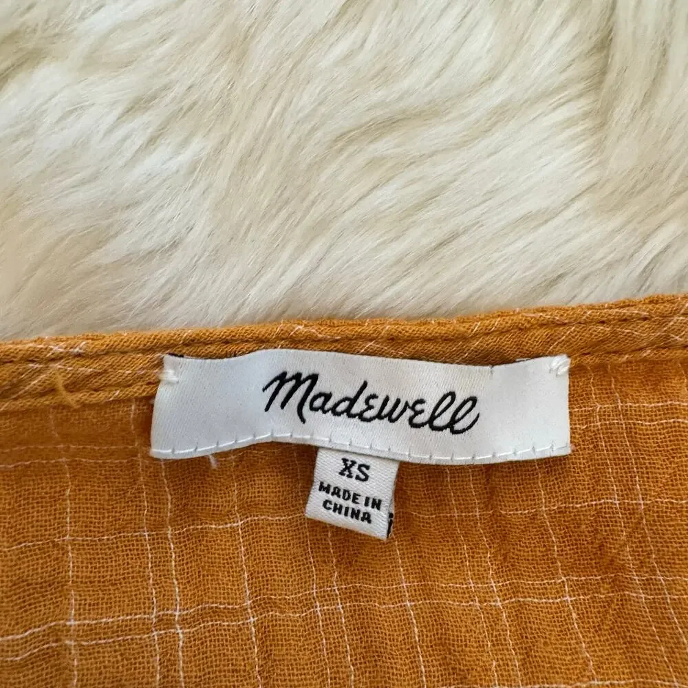 Madewell Windowpane Lightspun Millbrook Puff-Sleeve Peplum Top XS
